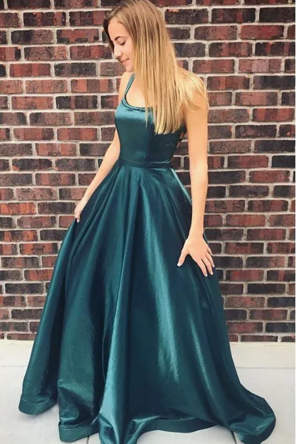 A-Line Spaghetti Straps Long Backless Hunter Satin Prom/Evening Dress TP0934