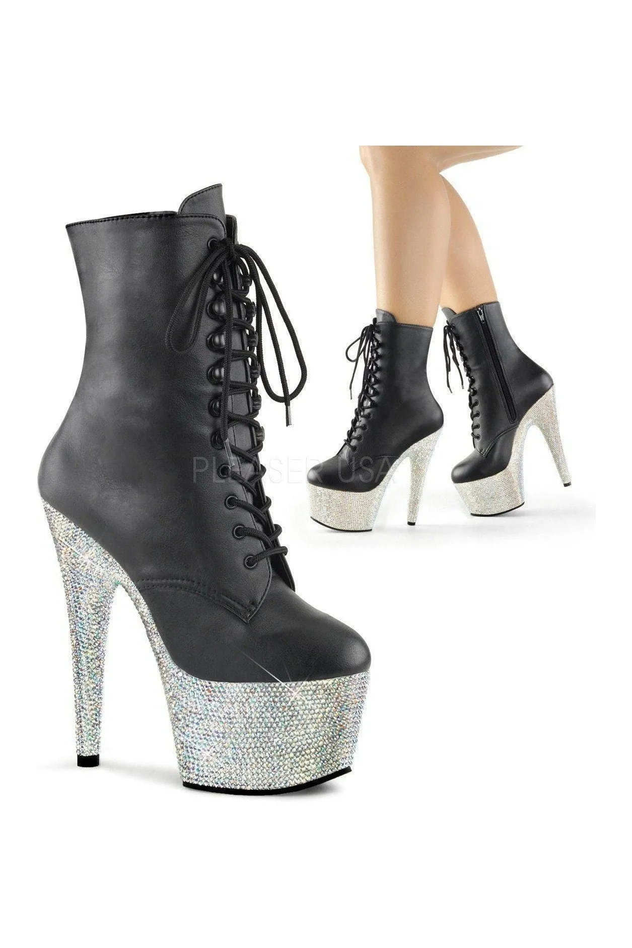 BEJEWELED-1020-7 Platform Boot  | Black Faux Leather