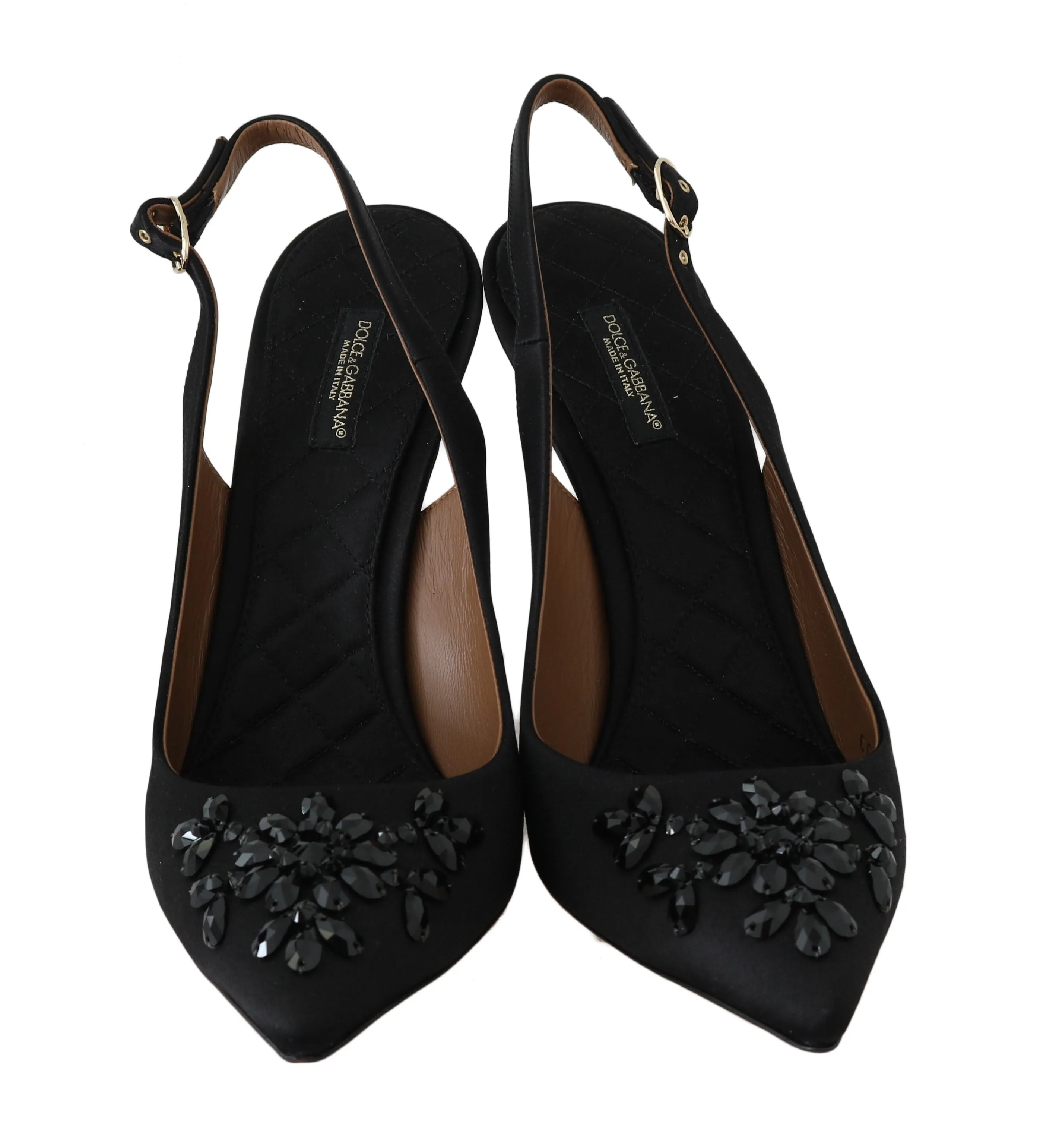 Black Silk Leather Crystal Pumps