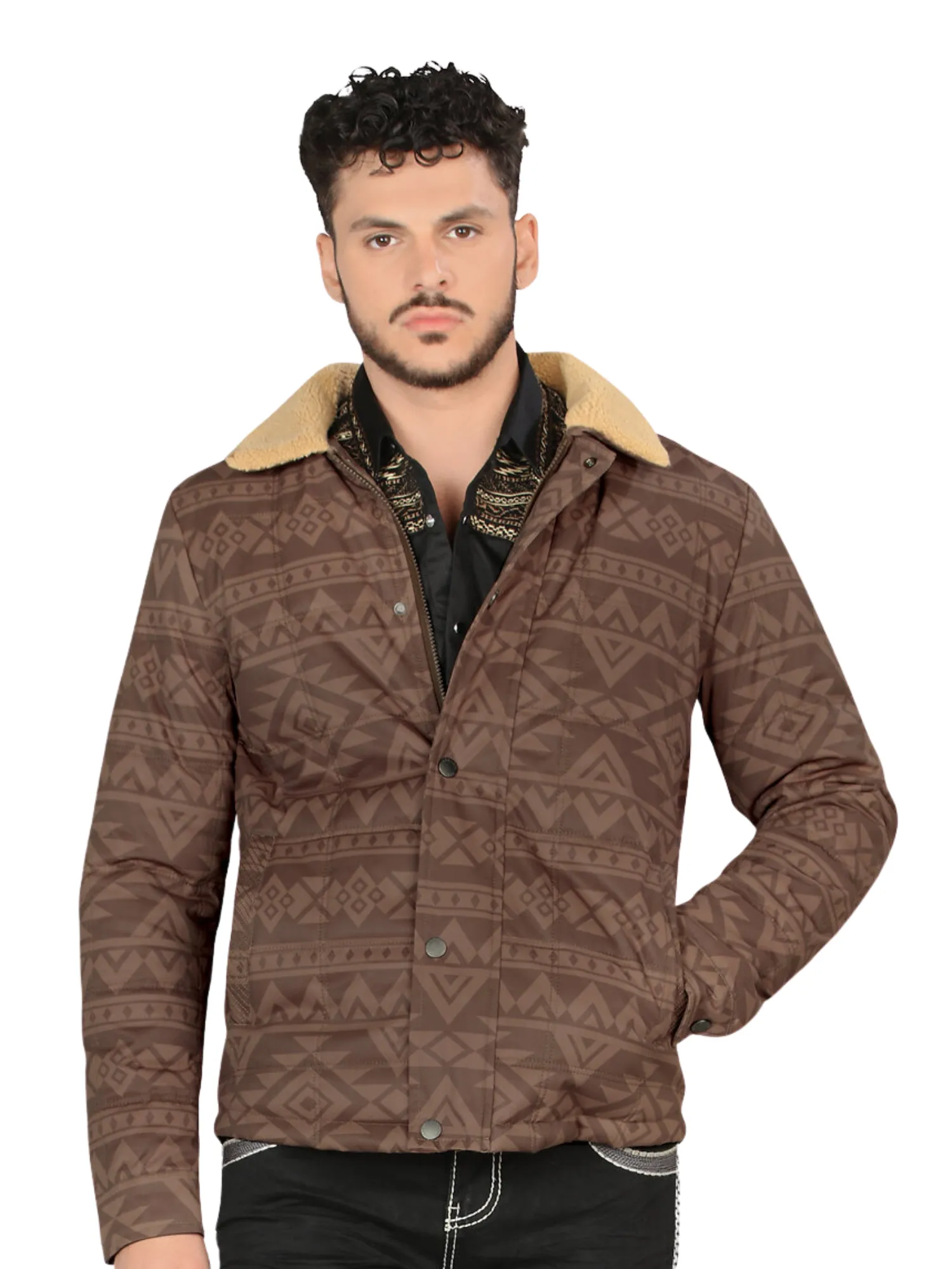 Chamarra Casual Termica de Forro Afelpado (Tipo Borrego) Estampada Aztec para Hombre 'Lamasini' - ID: 608