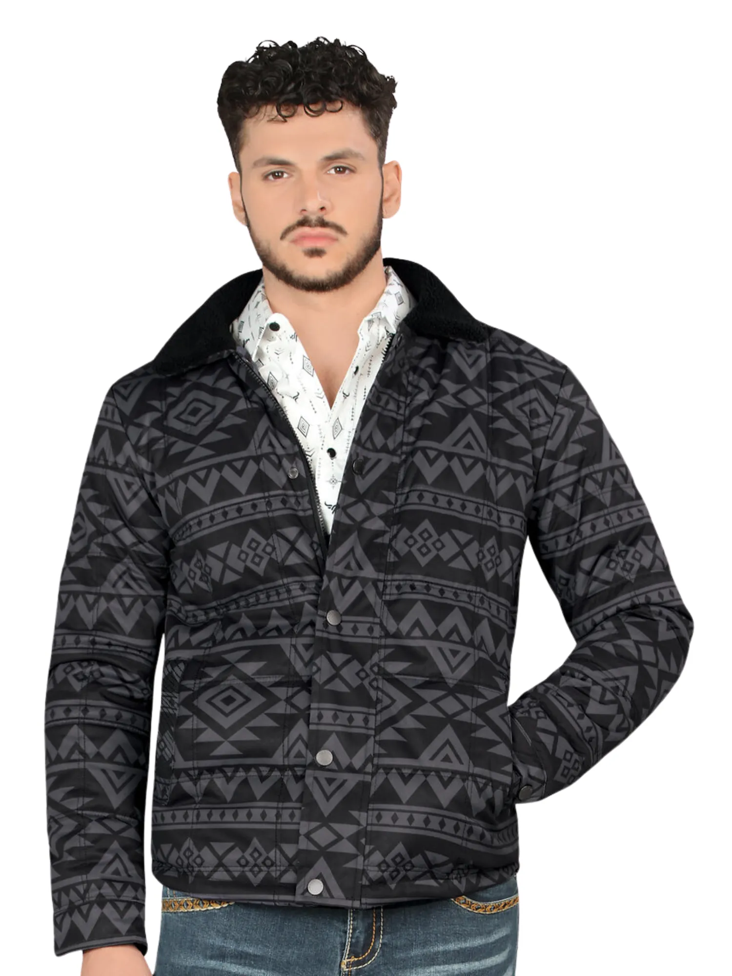 Chamarra Casual Termica de Forro Afelpado (Tipo Borrego) Estampada Aztec para Hombre 'Lamasini' - ID: 608