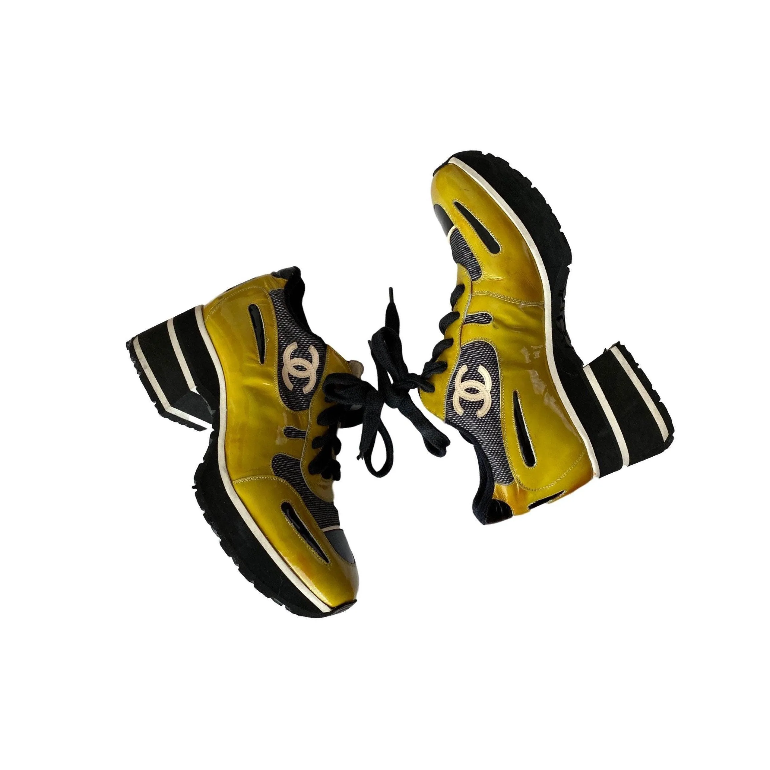 Chanel Yellow Laced-Up Platform Sneakers