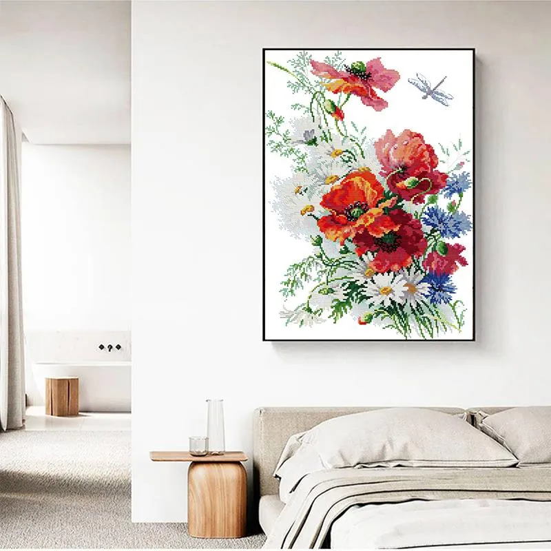 Daisies and Poppies DIY Floral Pattern Cross Stitch Kit