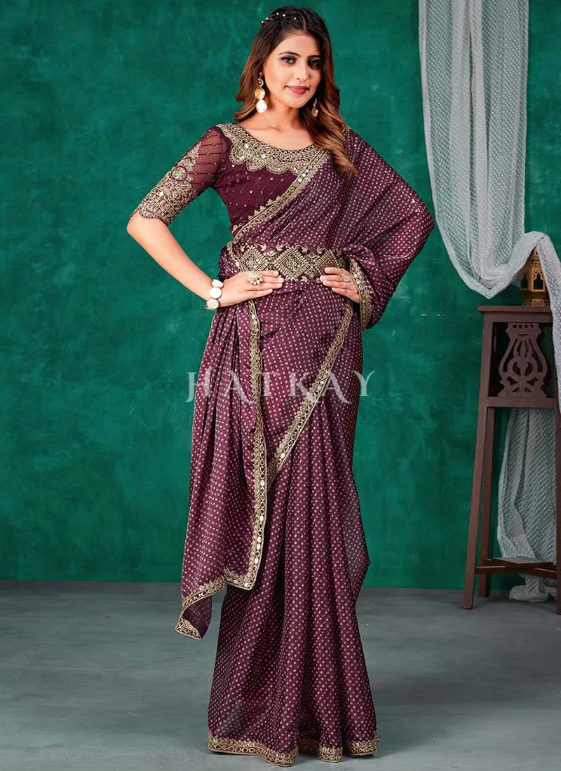 Deep Wine Mirror Work Embroidery Traditional Saree