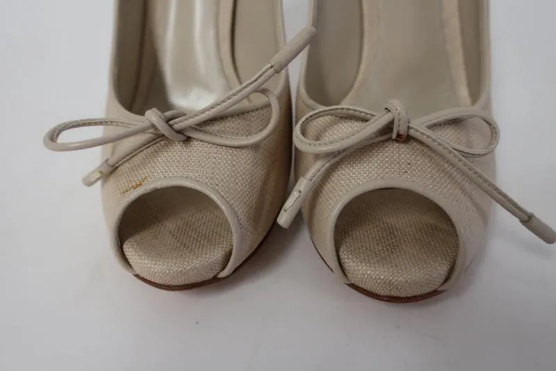 Gianvito Rossi Pump Natural Coated Canvas Size 38 Bow Peep Toe Platform Heel