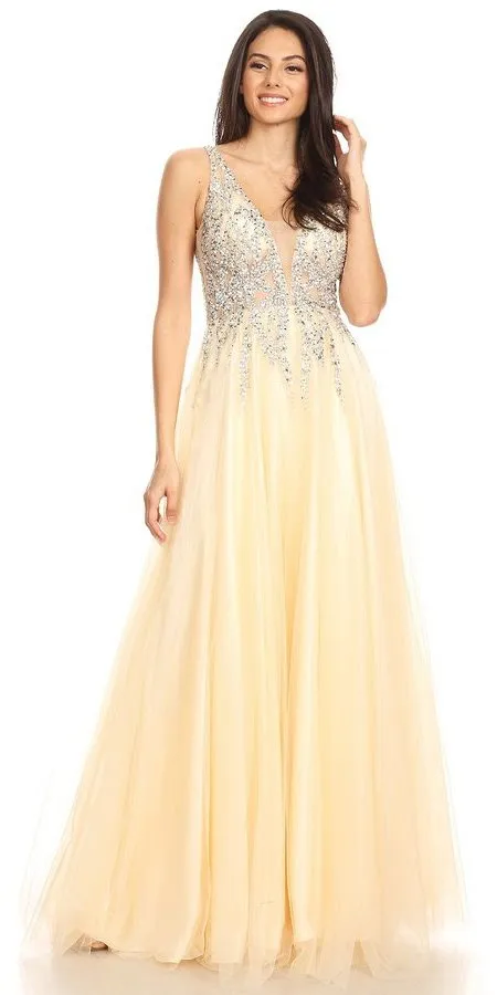 J&J Fashion 3078 Embellished V-Neck Long Prom Dress