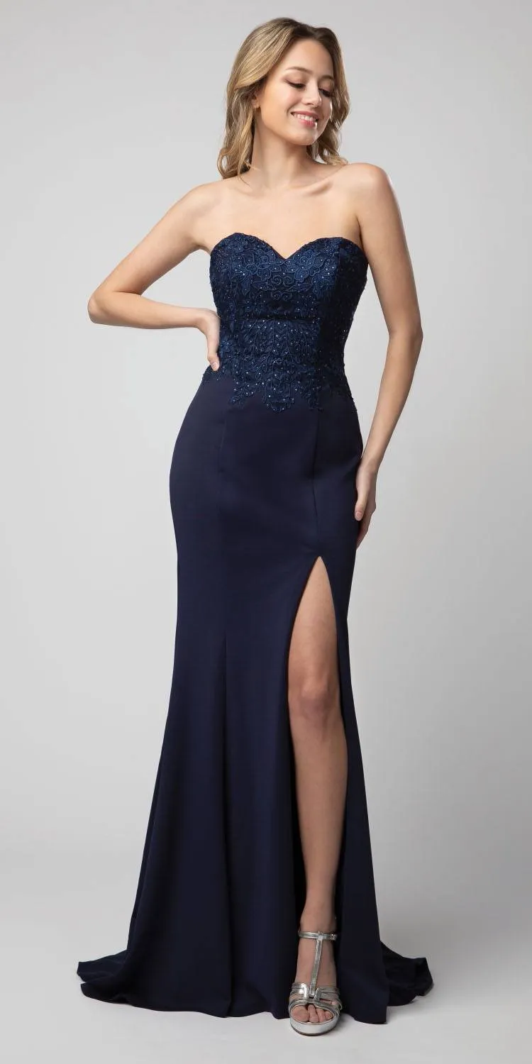 Juno 930 Embellished Strapless Long Prom Dress with Slit