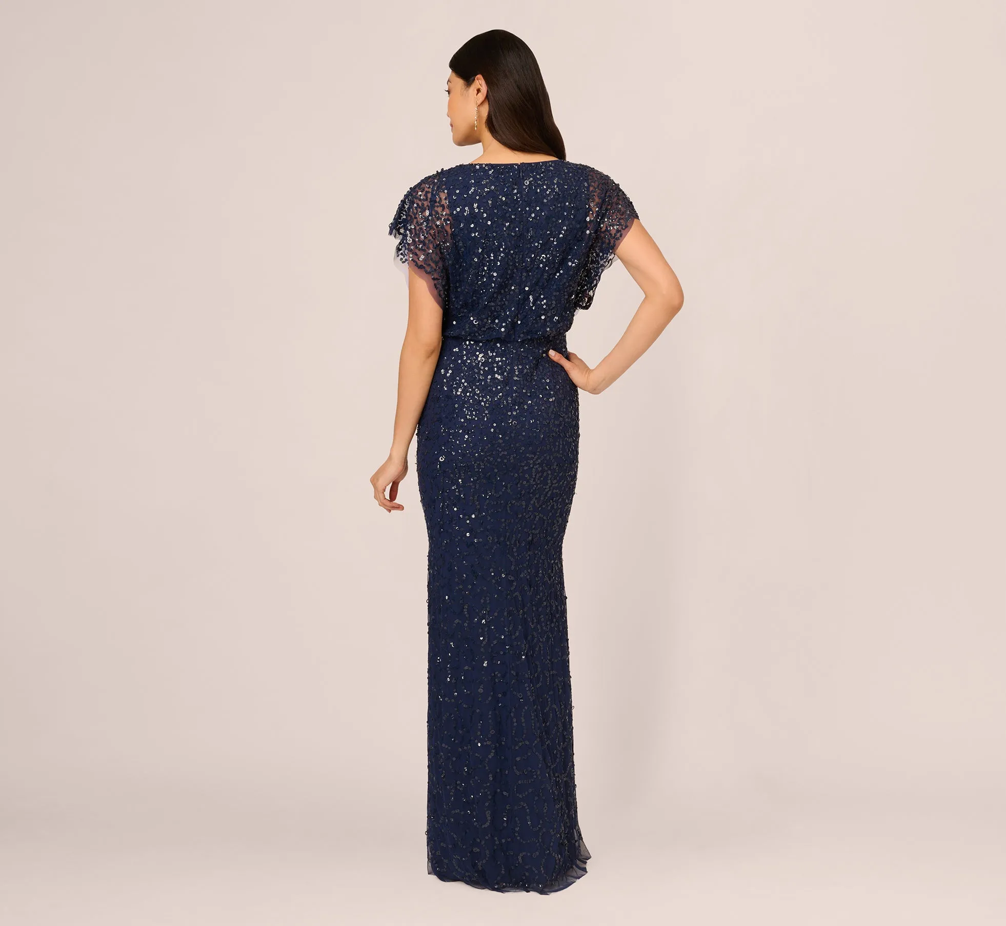 Multicolor Floral Beaded Mermaid Gown With Dolman Sleeves In Midnight Multi