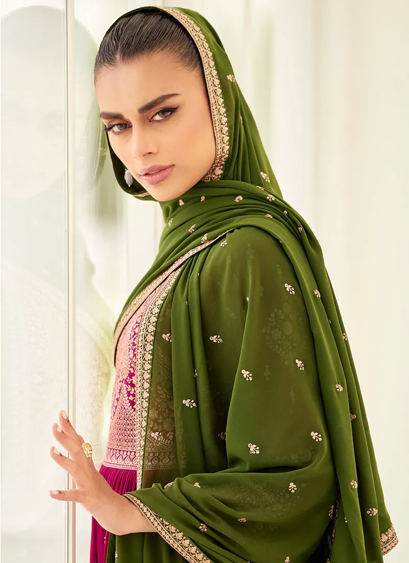 Pink And Green Embroidery Anarkali Gharara Suit