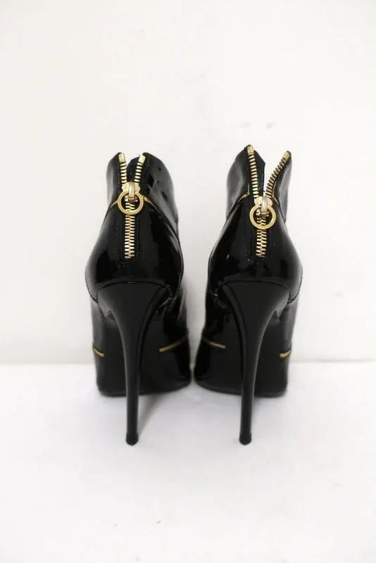 Roger Vivier Ankle Boots Gold-Trim Black Patent Size 38.5 Peep Toe Booties