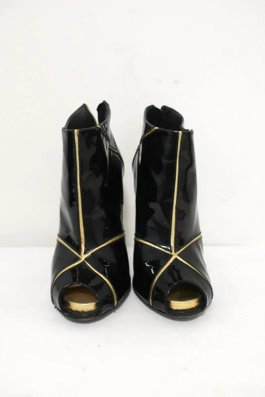 Roger Vivier Ankle Boots Gold-Trim Black Patent Size 38.5 Peep Toe Booties
