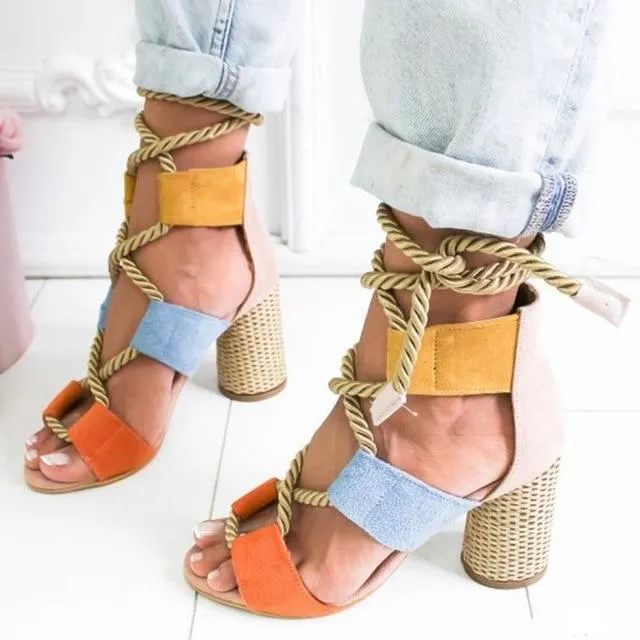 Sandals Lace Up Shoes Woman Heels Sandals
