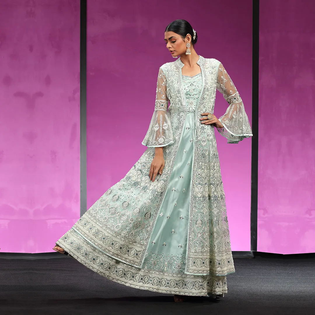 Sky Blue Silk and Net Gown Paired With Heavy Embellished Jacket