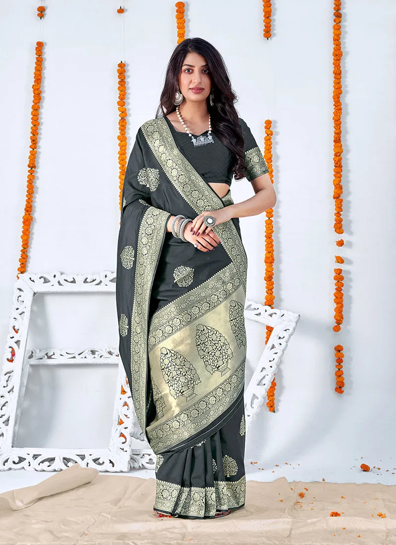 Slate Black Embellished Banarasi Silk Saree