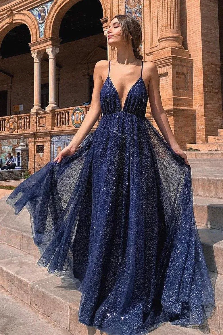 Sparkle Backless Plunging Neckline Sequin Long Prom Evening Dress TP0918