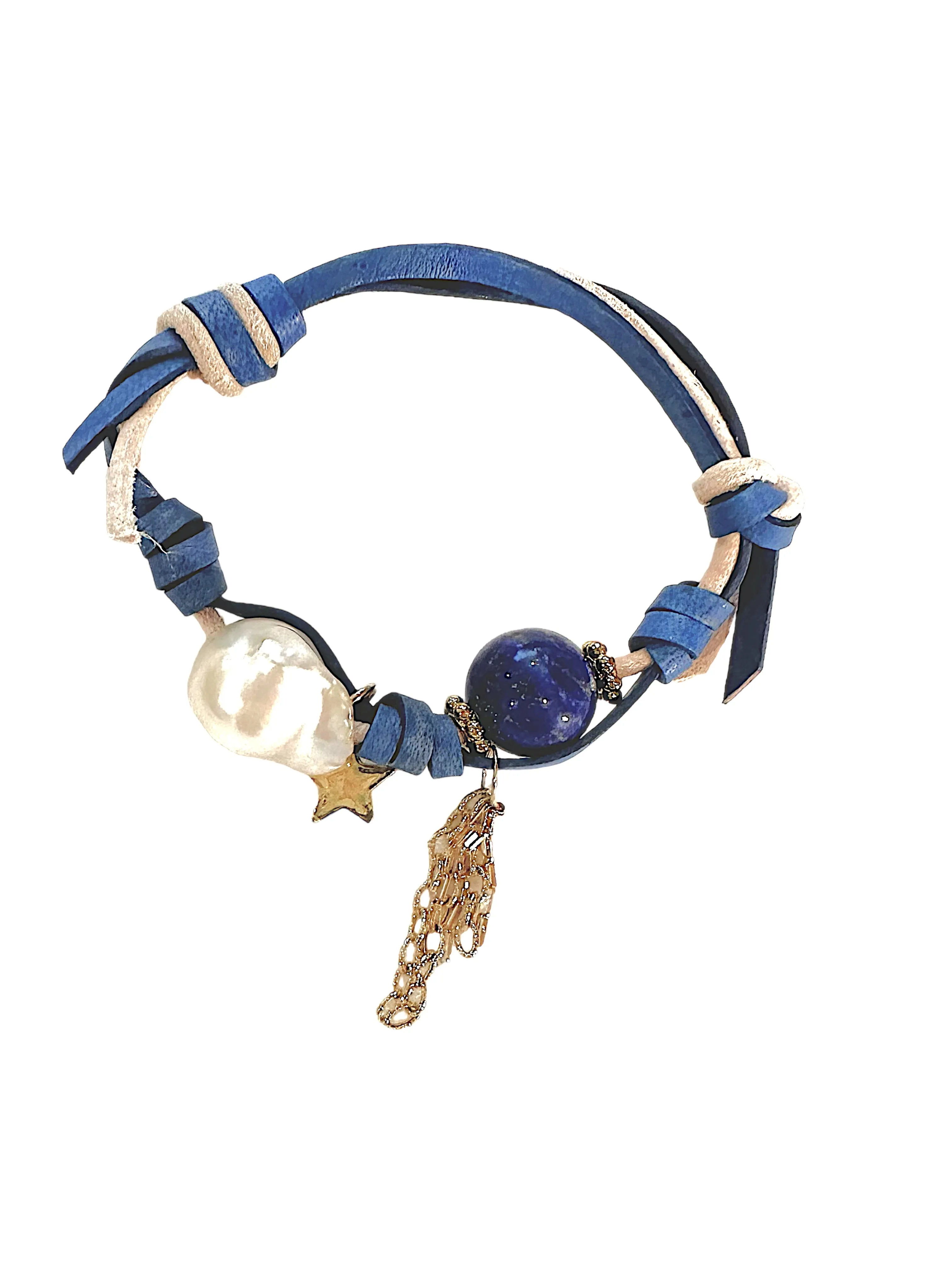 STARRY BLUE SKY BAROQUE PEARL LAPIS GOLD ROCKER BRACELET