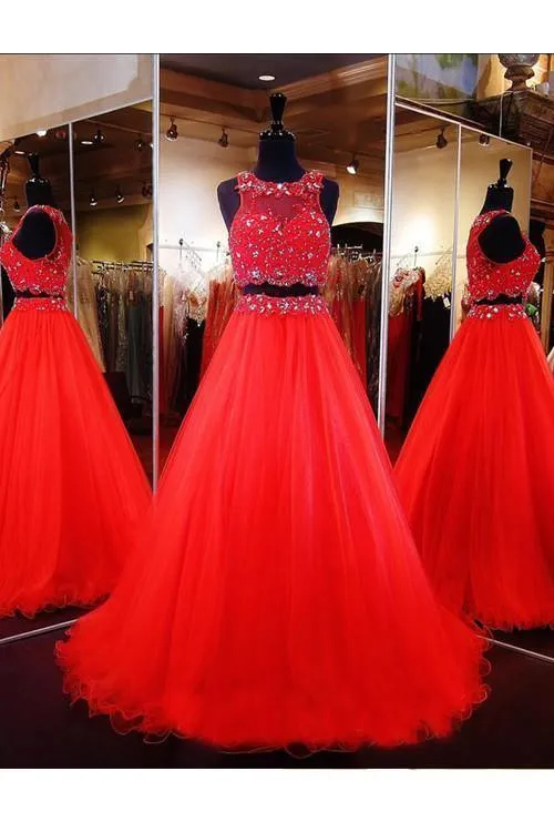 Two Piece Red Prom Evening Dress Tulle Crystal Beading  PG 228