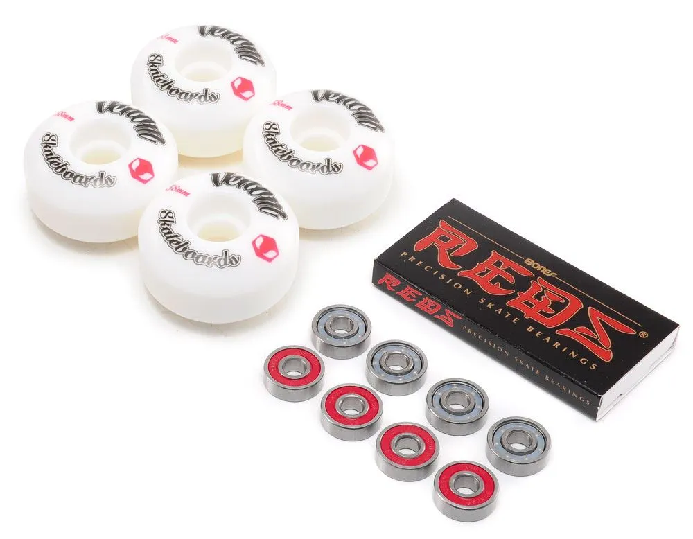 Venom Skateboards Logo White Skateboard Wheels & Bones Reds Bearings Pack