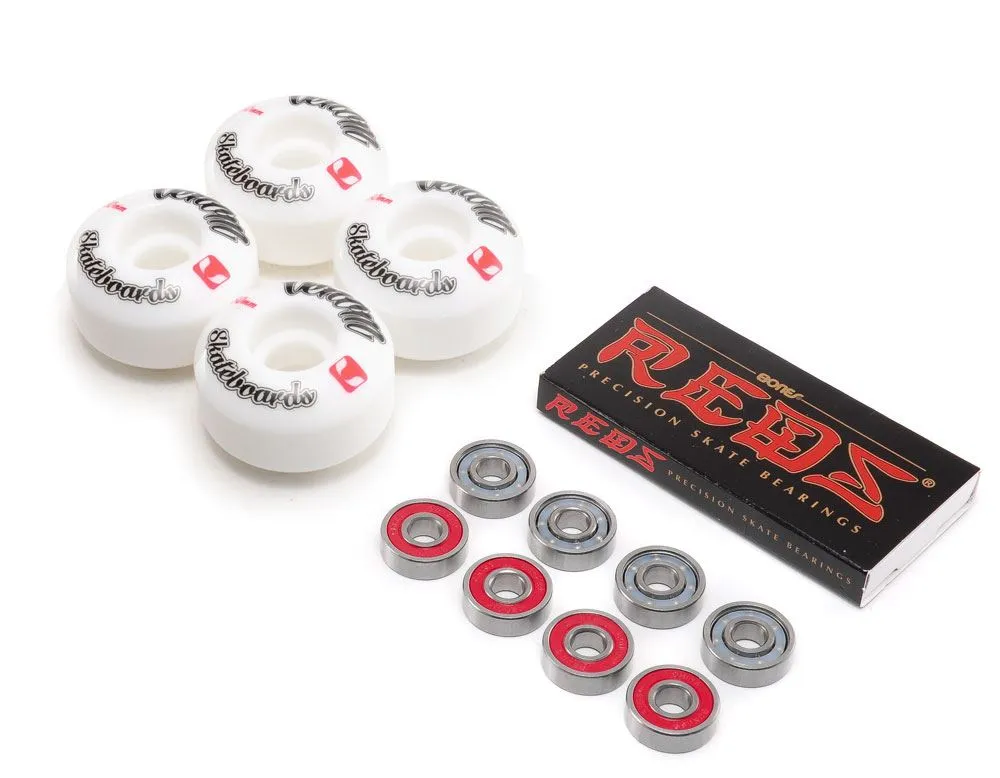 Venom Skateboards Logo White Skateboard Wheels & Bones Reds Bearings Pack